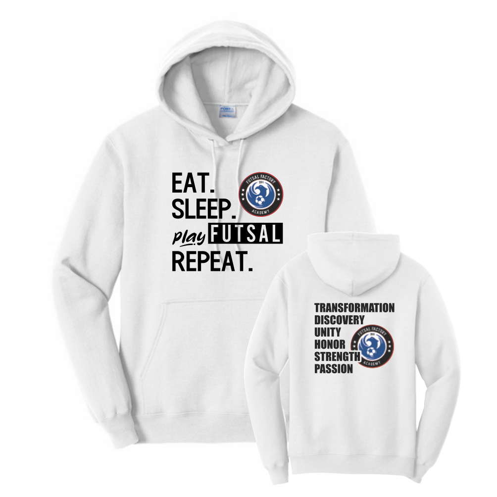 FFA Core Fleece Pullover Hooded Eat. Sleep. Play Futsal. Repeat. Sweatshirt - White